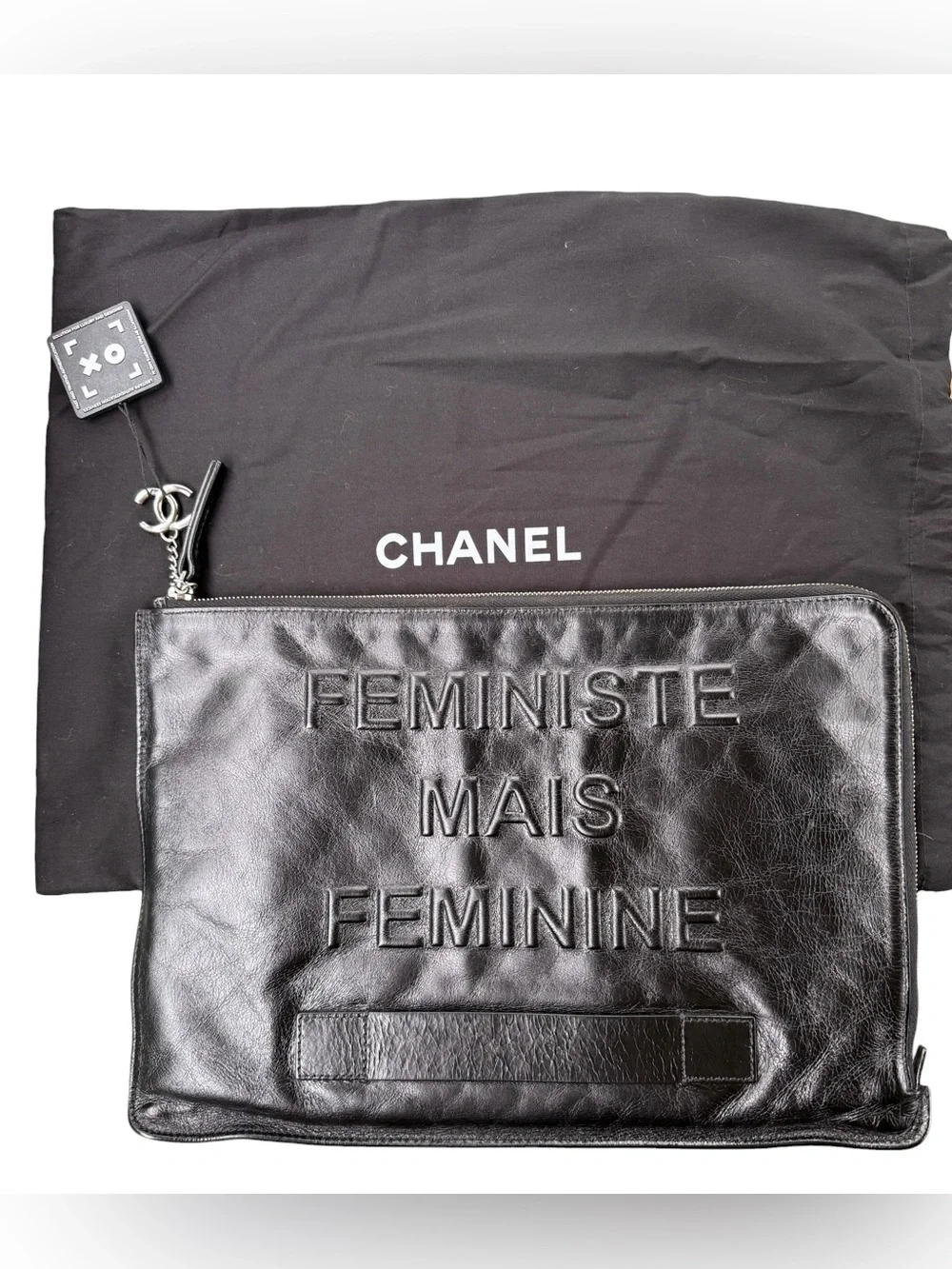 CLEAN. CHANEL Black Leather 'Feministe Mais Feminine' Zip Clutch & COA